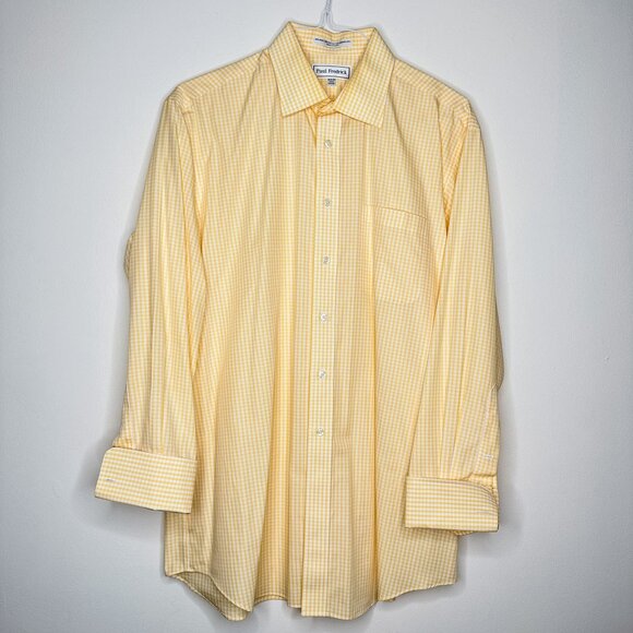 Paul Fredrick Yellow Gingham Check Men's Dress Shirt 16.5 x 33 French Cuffs - Picture 1 of 8